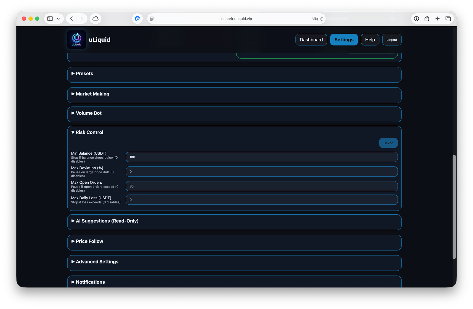 uLiquid Market Maker dashboard showing risk controls, exchange operations, and liquidity automation settings